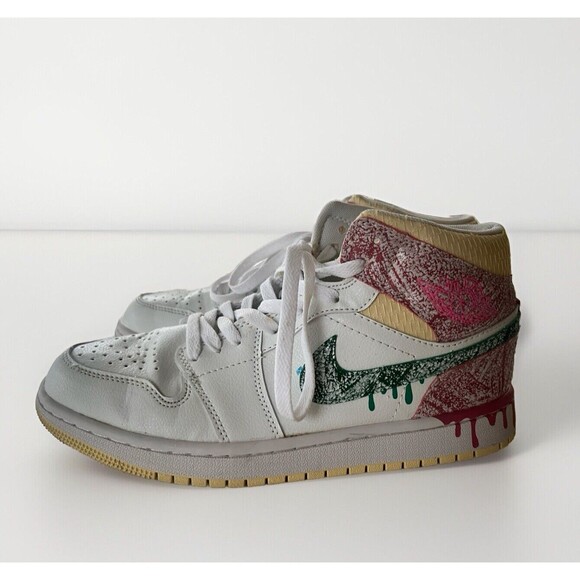 Nike Air Jordan 1 Mid Paint Drip Ice Cream White Pink Size 7Y/8.5 Women - Picture 7 of 13